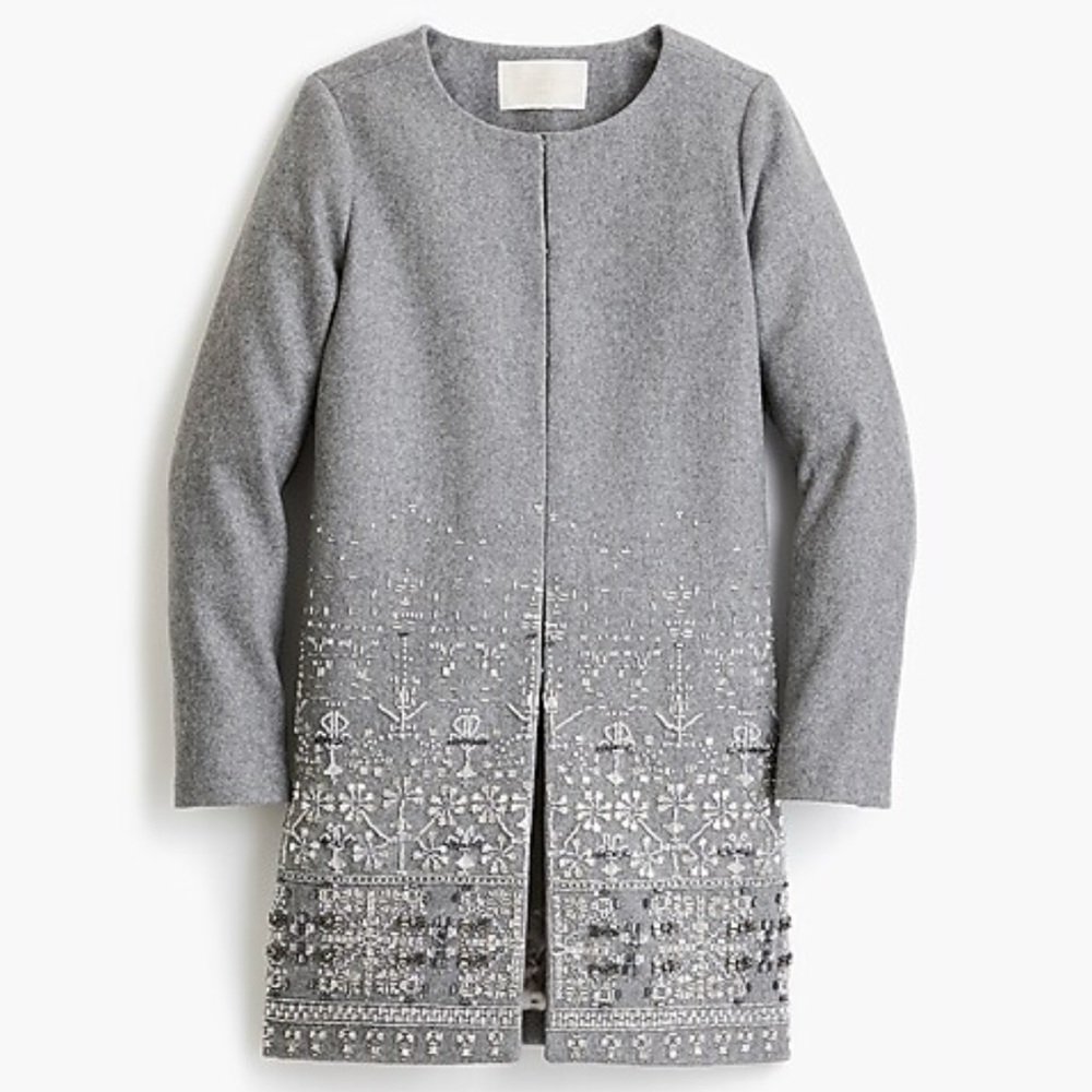 J. Crew Gray Embellished Collarless Wool Coat